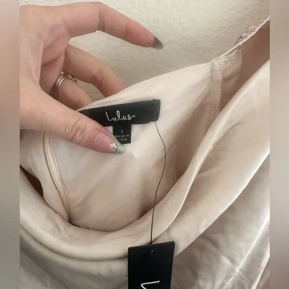 Lulus Sensational Fate Champagne Satin Cowl Neck Mini Dress - Picture 8 of 9